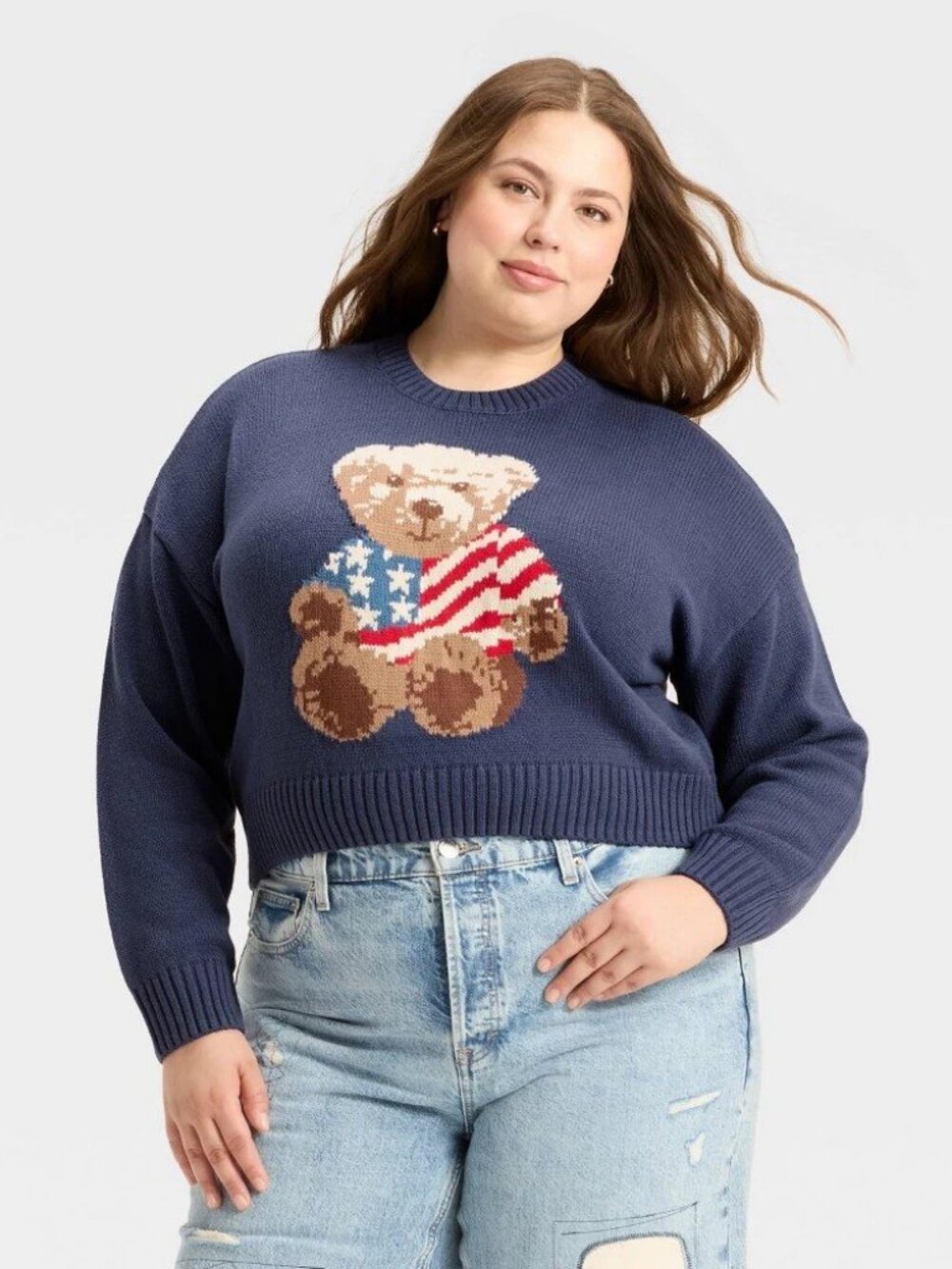 Grayson Threads Womens Teddy Bear Flag Graphic Sweater Navy Blue 2X T003418001